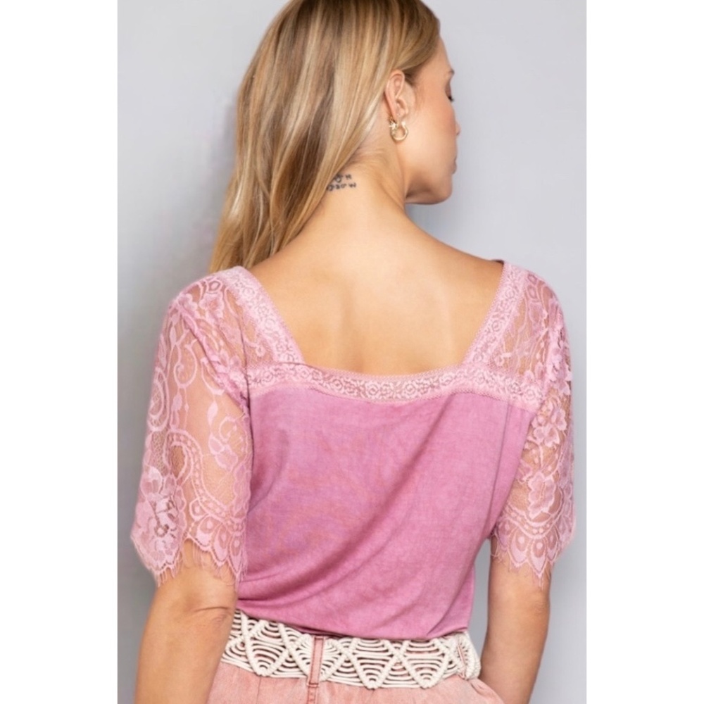 POL Pink Plum V Neck Lace Sleeve Rayon Jersey Tee - Picture 4 of 7